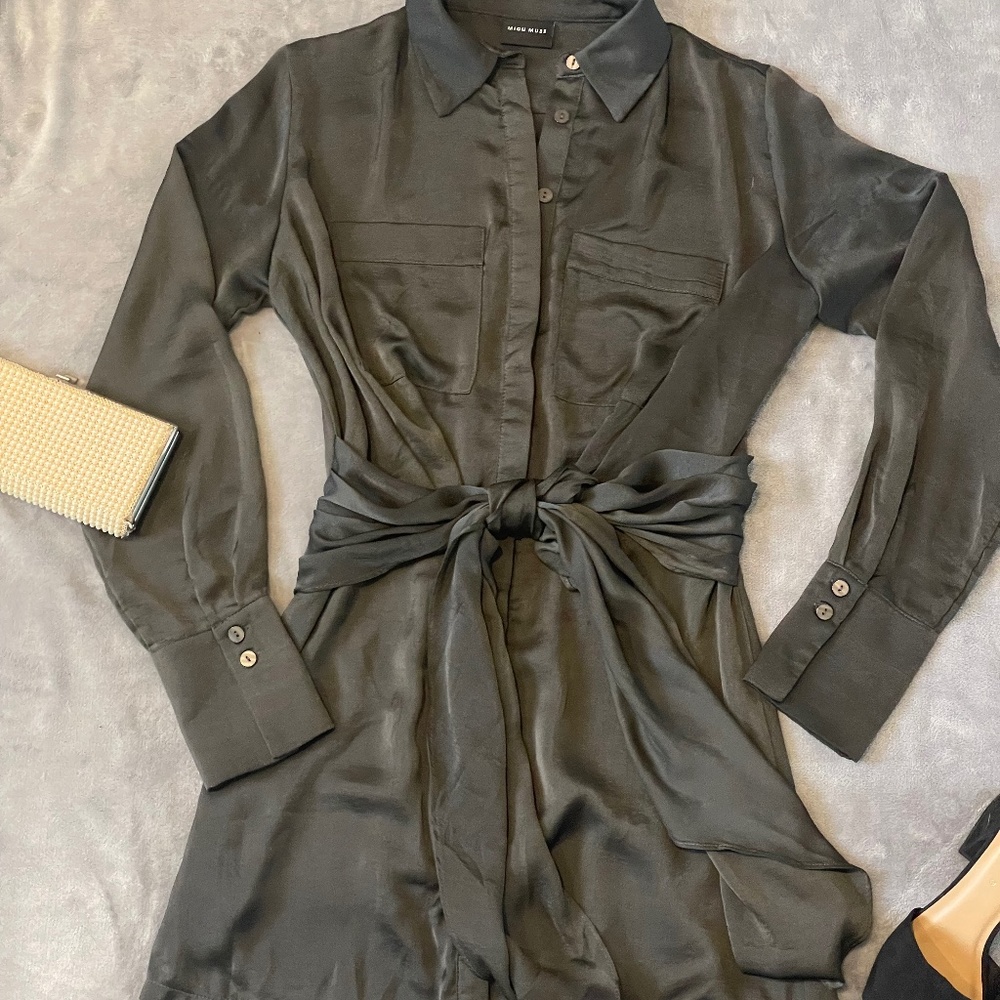Black satin button up dress